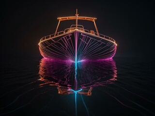 transparent glowing ship, glowing lines, black background, for design, isolated