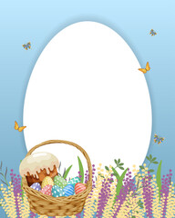 Easter card with Easter basket, Easter cake, Easter eggs on a blue background with flowers and butterflies. Easter card, background, vector