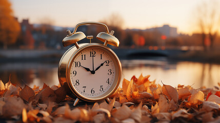 Alarm clock at sunrise in nature. Alarm clock and fall leaves on outdoor table. End of summer time. Generate Ai