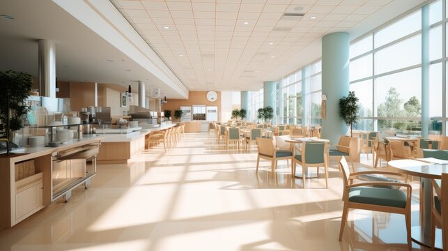 A restaurant inside a modern hospital. Generative AI.