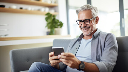 Man sits on the couch at home and smiles holding his smartphone in his hands