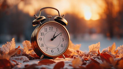 Alarm clock at sunrise in nature. Alarm clock and fall leaves on outdoor table. End of summer time....