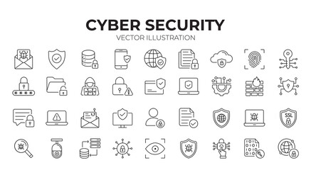 Fototapeta na wymiar Cyber Security editable stroke outline icons set. Data protection, spam, secure, security, antivirus, password, privacy, padlock and hacker. Vector illustration. 
