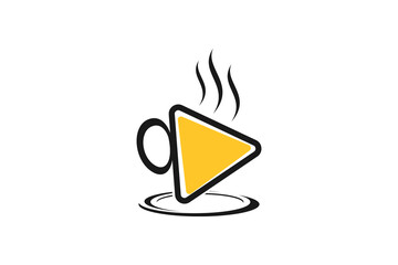 Coffee break podcast streaming logo design mug beverage play button icon symbol.