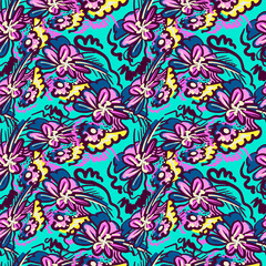 Decorative seamless vector colorful urban pattern with flowers and leaves
