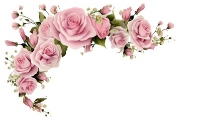 Floral corner arrangements with pink roses and eustoma flowers and a frame isolated on transparent background