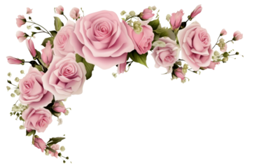 Floral corner arrangements with pink roses and eustoma flowers and a frame isolated on transparent background