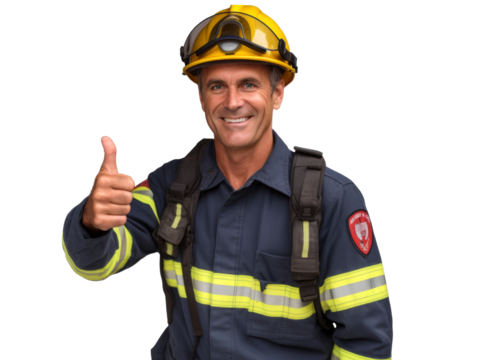 portrait of a firefighter, worker  in uniform isolated on transparent background