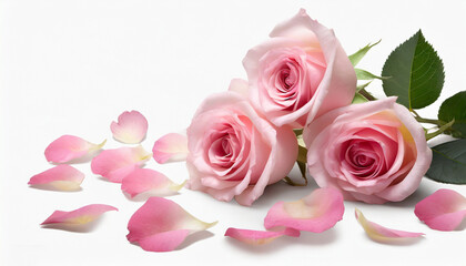 Light pink rose flower and petals on laying white background