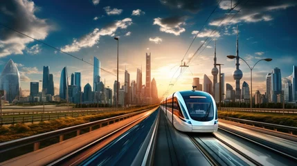 Photo sur Plexiglas Dubai Cityscape with road traffic and speeding train. Generative AI.