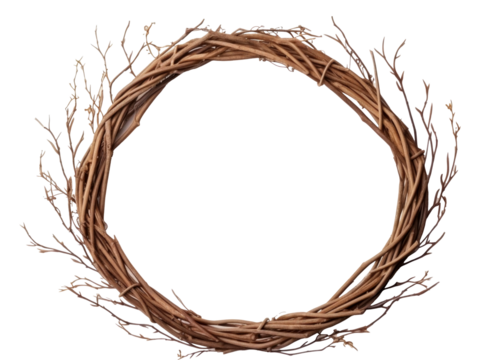 Dry brown empty rattan wreath isolated on transparent background