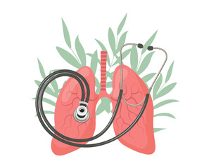 Healthy human lungs with a stethoscope on a background of leaves and flowers. Medicine concept, respiratory system. Vector - obrazy, fototapety, plakaty