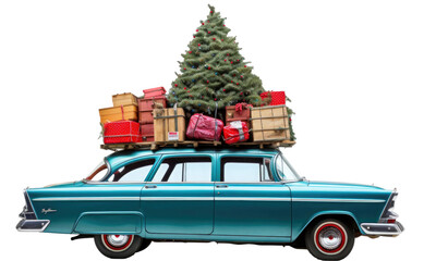 vintage  car  with christmas tree on transparent background