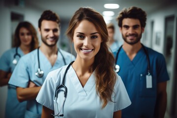 Doctors in uniforms standing in hospital, Medical workers smiling team, Male and female doctors portrait looking at camera. Generative AI.