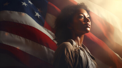 Portrait of an African American woman proudly standing against the backdrop of the USA flag