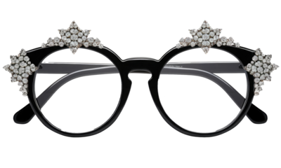 Black plastik glasses decorated with snowflakes isolated  on transparent background