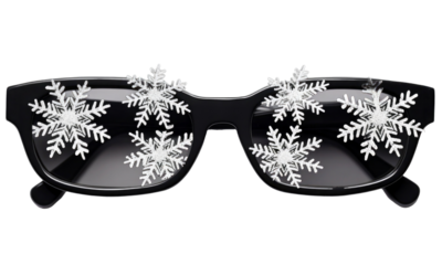 Black plastik glasses decorated with snowflakes isolated  on transparent background