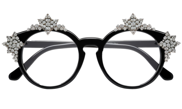 Black plastik glasses decorated with snowflakes isolated  on transparent background - Powered by Adobe