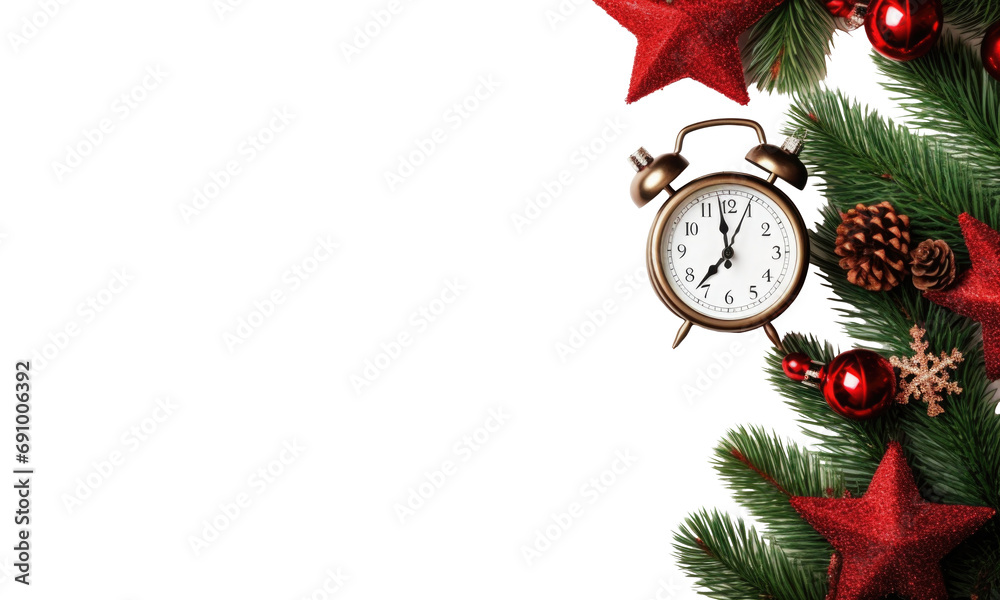 Canvas Prints Christmas header with pine tree, decorative clock and red stars isolated on  on transparent background