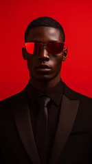 Black male model in formal suits and sunglasses on red background 