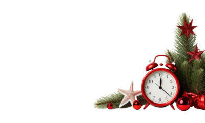 Christmas header with pine tree, decorative clock and red stars isolated on  on transparent background
