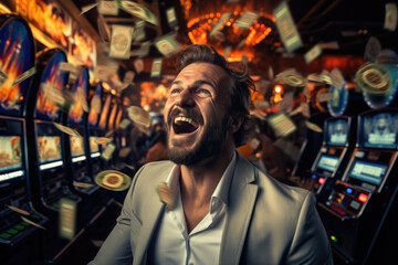 Fototapeta premium A man win lots of money from a slots. Generative AI.