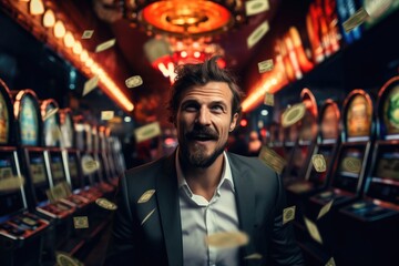Fototapeta premium A man win lots of money from a slots. Generative AI.