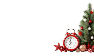 Christmas header with pine tree, decorative clock and red stars isolated on  on transparent background