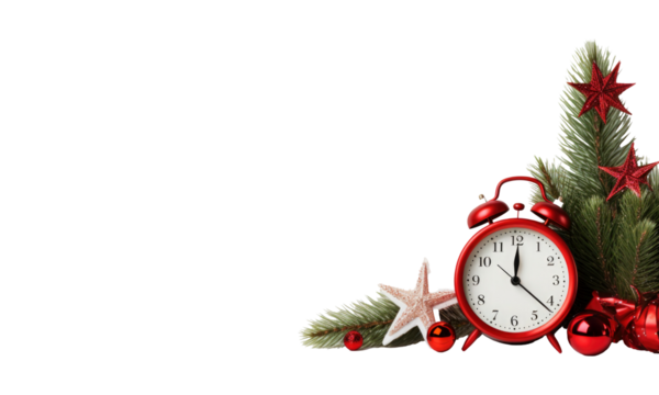 Christmas header with pine tree, decorative clock and red stars isolated on  on transparent background - Powered by Adobe