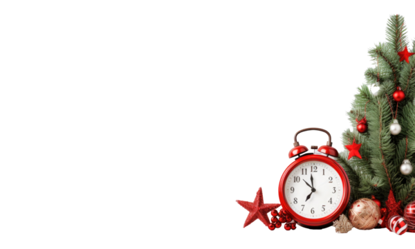 Christmas header with pine tree, decorative clock and red stars isolated on  on transparent background