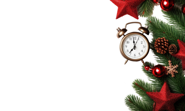 Christmas header with pine tree, decorative clock and red stars isolated on  on transparent background - Powered by Adobe