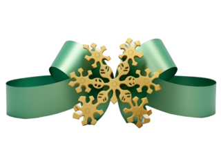green Christmas ribbon with gold snowflakes for holiday decorations isolated on transparent background