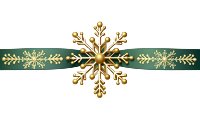 green Christmas ribbon with gold snowflakes for holiday decorations isolated on transparent background