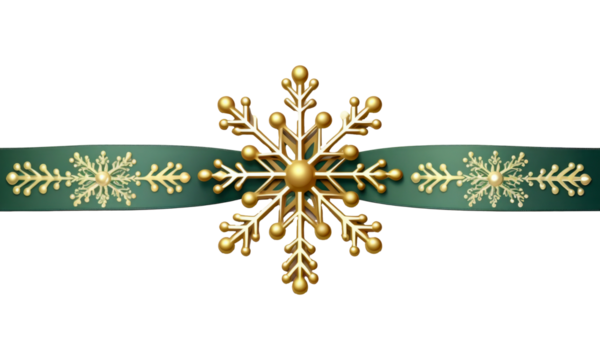 green Christmas ribbon with gold snowflakes for holiday decorations isolated on transparent background