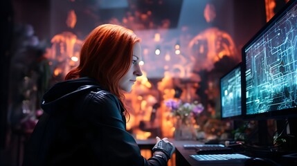Fototapeta na wymiar focused hacker: young woman with red hair in cyber world