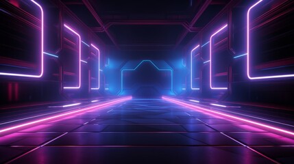 futuristic neon light 3d technology abstract: cyber vr scene with dark night, virtual reality, and sci-fi aesthetics