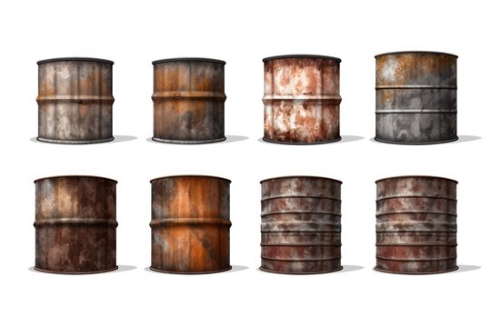 Collection set of rusty old metal barrels isolated