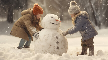 children playing outdoor with snow in winter