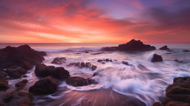 Oceanic Sunset Beauty: Scenic Seascape with Beach Landscapes and Waves