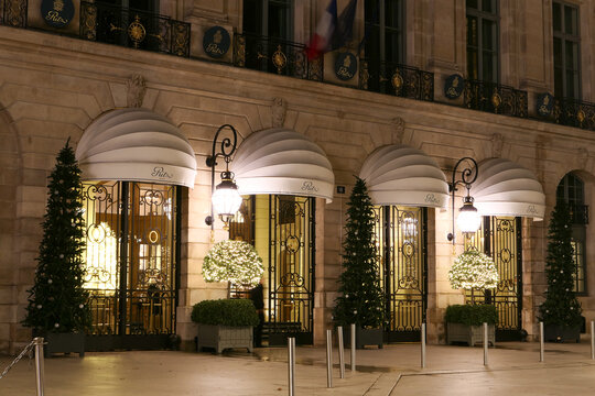 Paris, France. December 10. 2023. Five star establishment located on Place Vendome. Famous luxury hotel The Ritz.	
