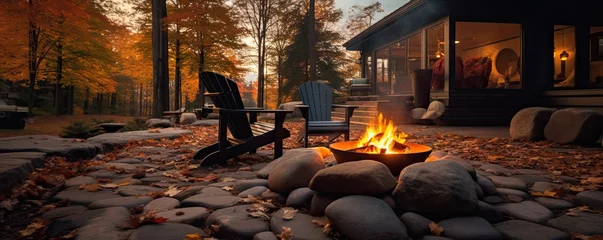 Fototapeten close-up photo of a stacked stone firepit with firewood and flames. Beautiful autumn landscape. © Filip