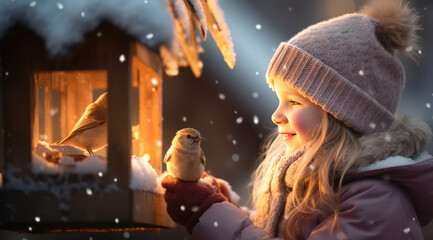 Fototapeta na wymiar a little girl is feeding birds from a bird house in winter