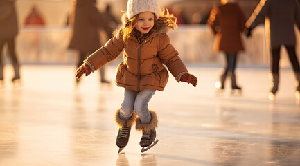 a little girl skates on a rink in the winter