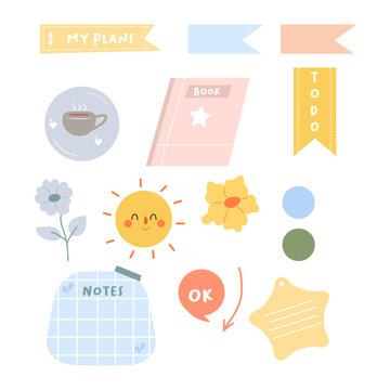 flat illustration of cute journal stickers set