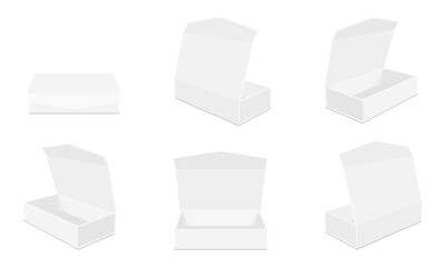 Set Of Rectangle Boxes Mockups With Lid, Front, Side, Back View, Opened And Closed. Vector Illustration