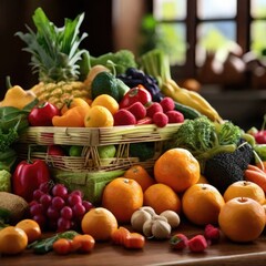 Craft a visually appealing and natural scene showcasing a close-up view of a variety of vibrant and fresh fruits and vegetables