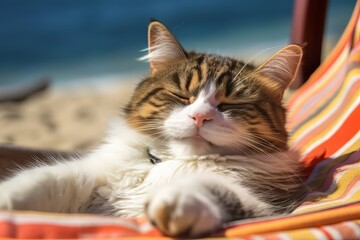 Happy cat lying in a sun lounger on the beach