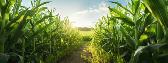 Fototapeta premium Green cornfield with the sun peeking through the leaves