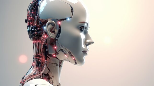 futuristic asexual bot in low poly wireframe style - android head with speech bubble, ai chatbot concept