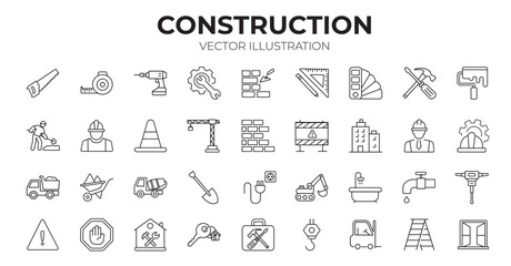 Construction editable stroke outline icons set. Construction, renovation architecture, engineer, building, blueprint and home repair tools. Vector illustration - obrazy, fototapety, plakaty